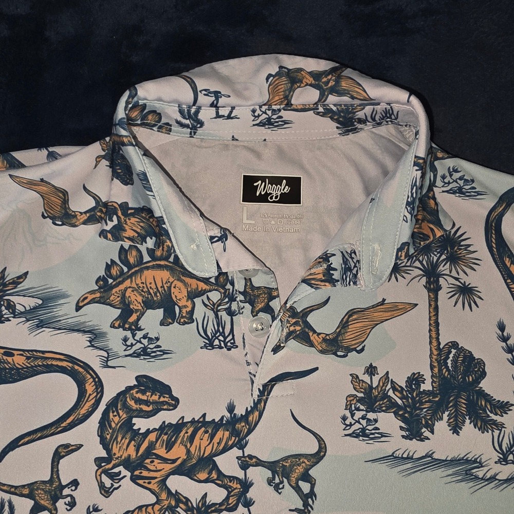 Waggle Kids Golf Polo Shirt Size Large Dinosaur Print Performance Short Sleeve